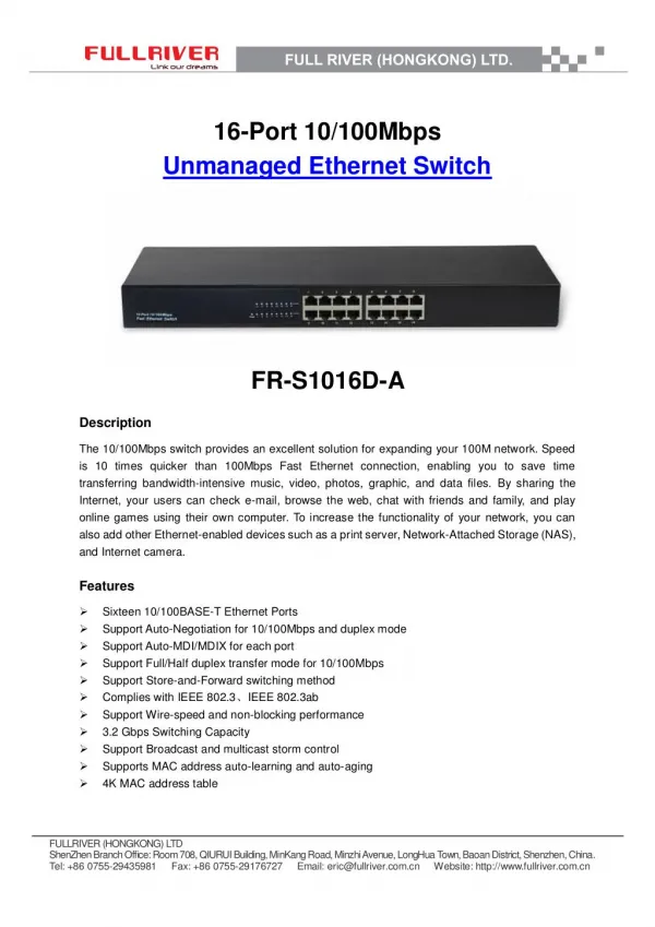 16-Port 10/100Mbps Unmanaged Ethernet Switch