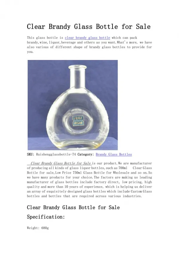Clear Brandy Glass Bottle for Sale