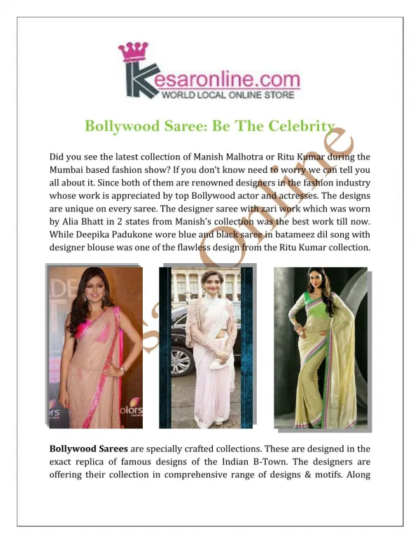 Bollywood Saree Be The Celebrity