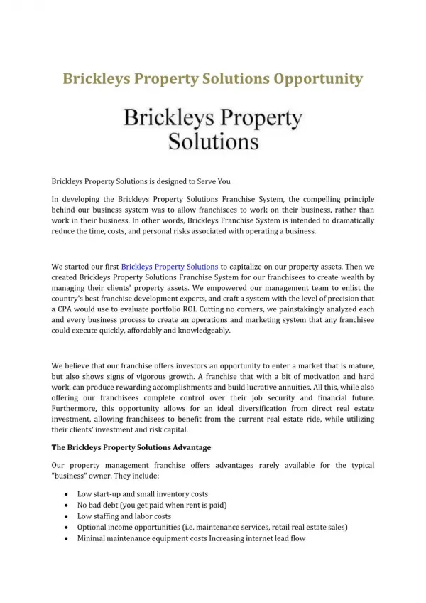 Brickleys Property Solutions Opportunity