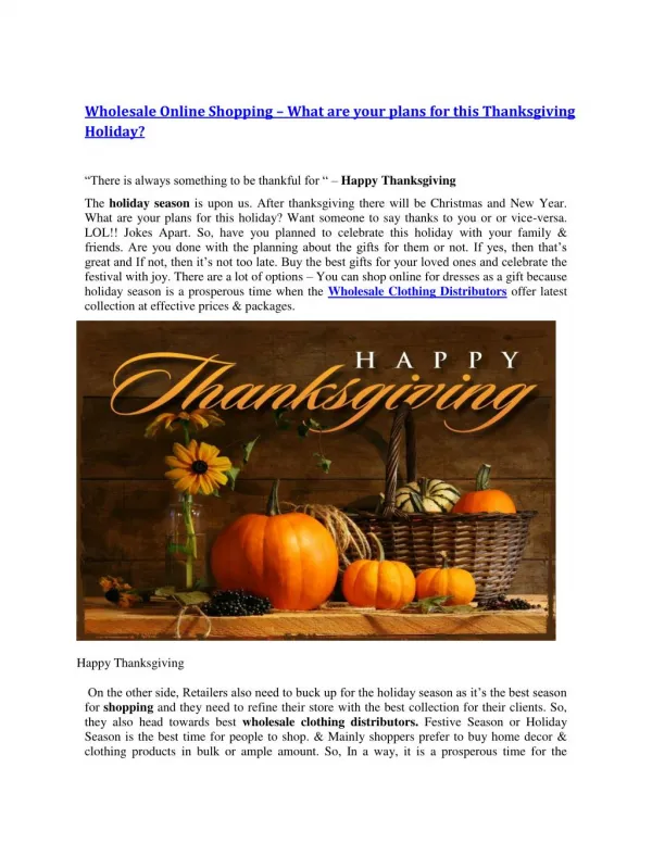 Wholesale Online Shopping – What are your plans for this Thanksgiving Holiday?