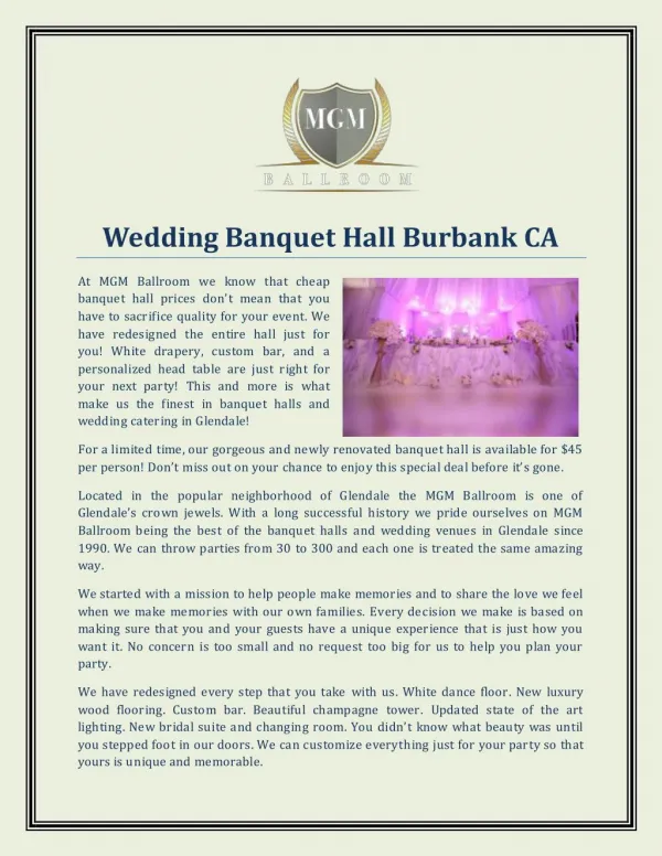 Wedding Banquet Hall Burbank CA