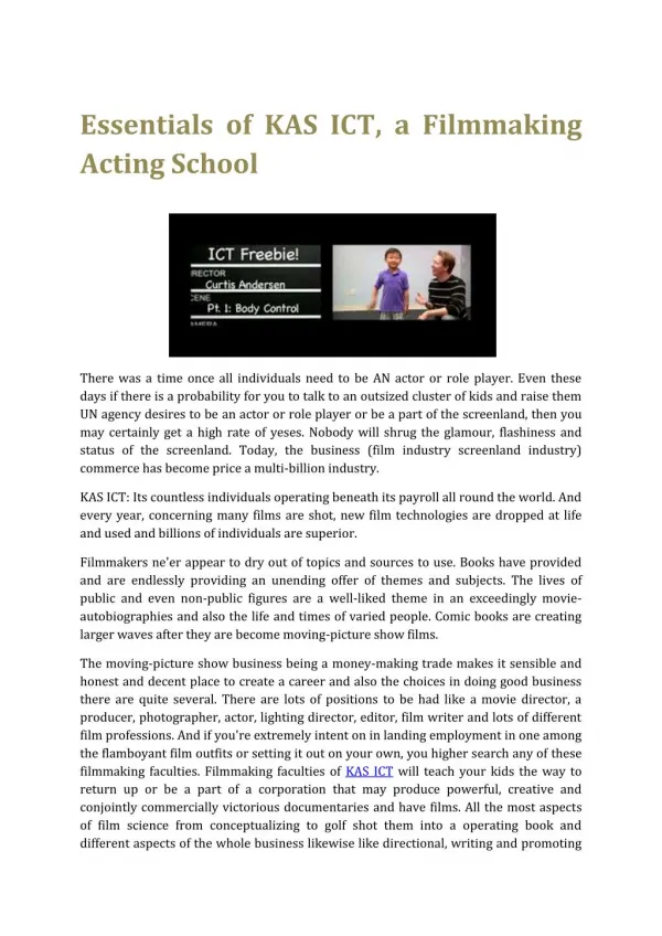 Essentials of KAS ICT, a Filmmaking Acting School