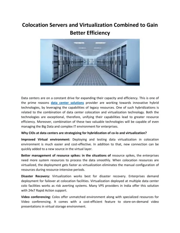 Colocation Servers and Virtualization Combined to Gain Better Efficiency