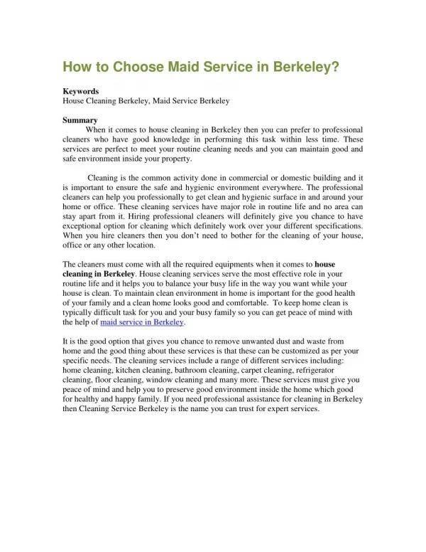 How to Choose Maid Service in Berkeley?
