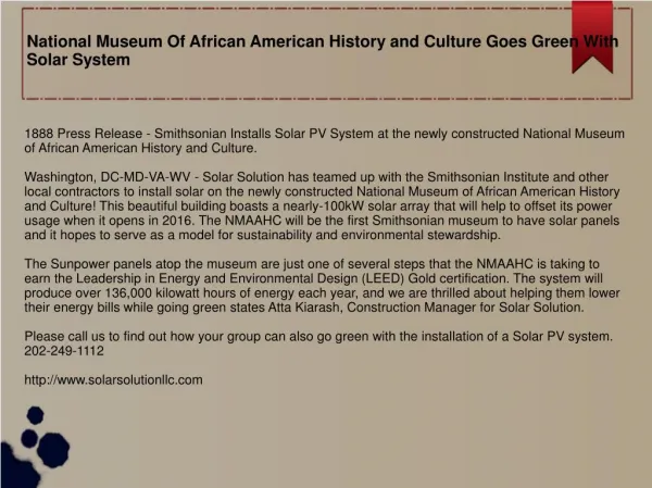 National Museum Of African American History and Culture Goes Green With Solar System