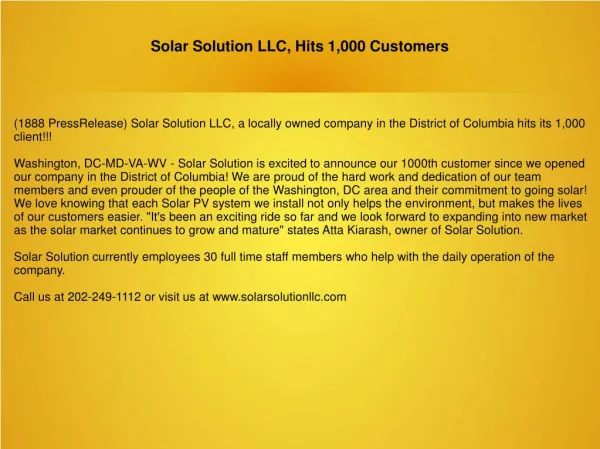 Solar Solution LLC, Hits 1,000 Customers