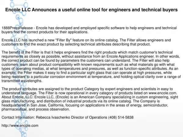 Encole LLC Announces a useful online tool for engineers and technical buyers
