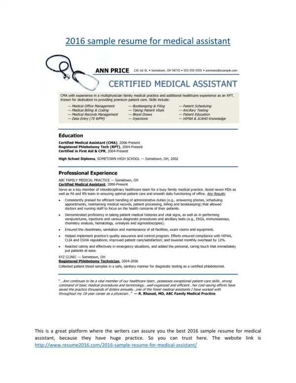 2016 sample resume for medical assistant