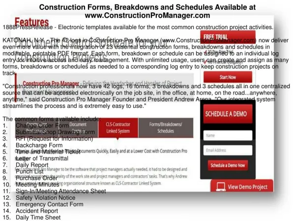 Construction Forms, Breakdowns and Schedules Available at www.ConstructionProManager.com