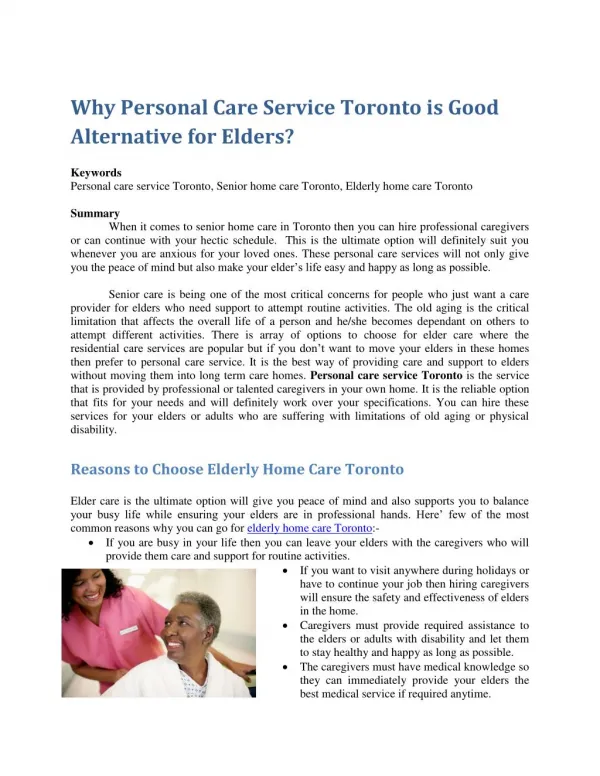Why Personal Care Service Toronto is Good Alternative for Elders?