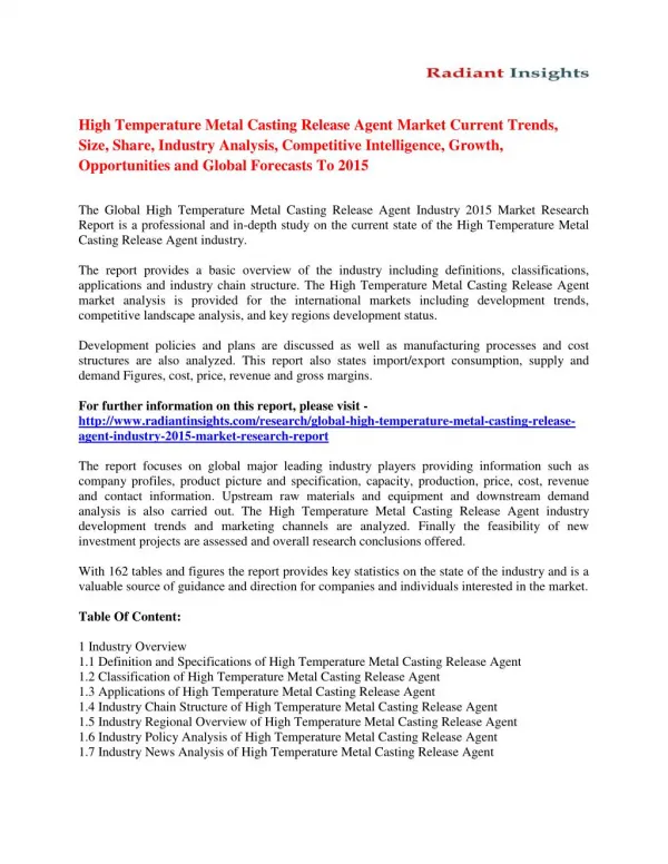 High Temperature Metal Casting Release Agent Market Trends Analysis And Forecasts To 2015