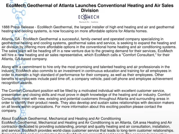 EcoMech Geothermal of Atlanta Launches Conventional Heating and Air Sales Division