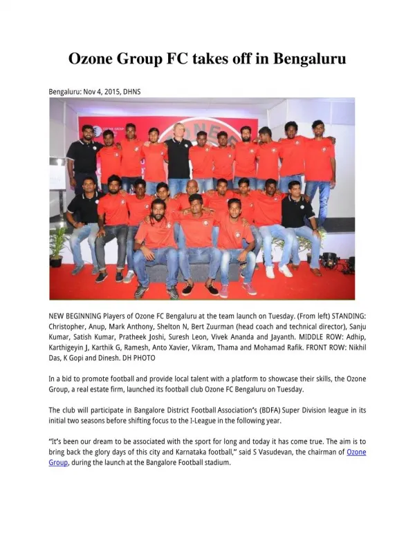 Ozone Group FC takes off in Bengaluru