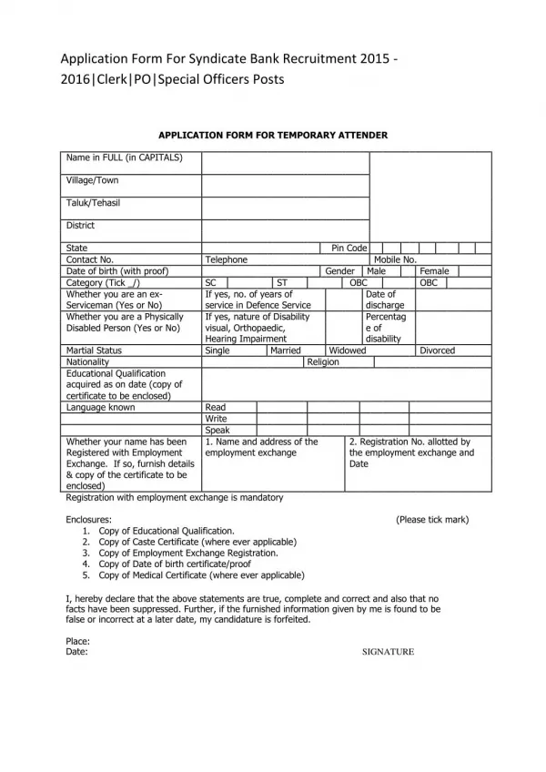 Application Form for Syndicate Bank Recruitment 2015 - 2016, Clerk,PO,Special Officers Posts