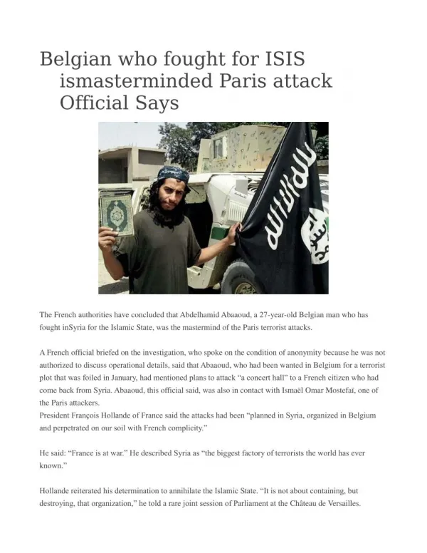 Belgian who fought for ISIS ismasterminded Paris attack Official Says