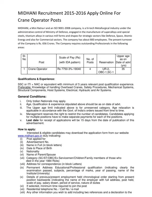 MIDHANI Recruitment 2015-2016 Apply Online For Crane Operator Posts