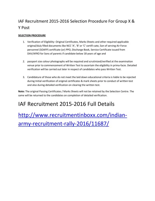 IAF Recruitment 2015-2016 Selection Procedure for Group X & Y Post
