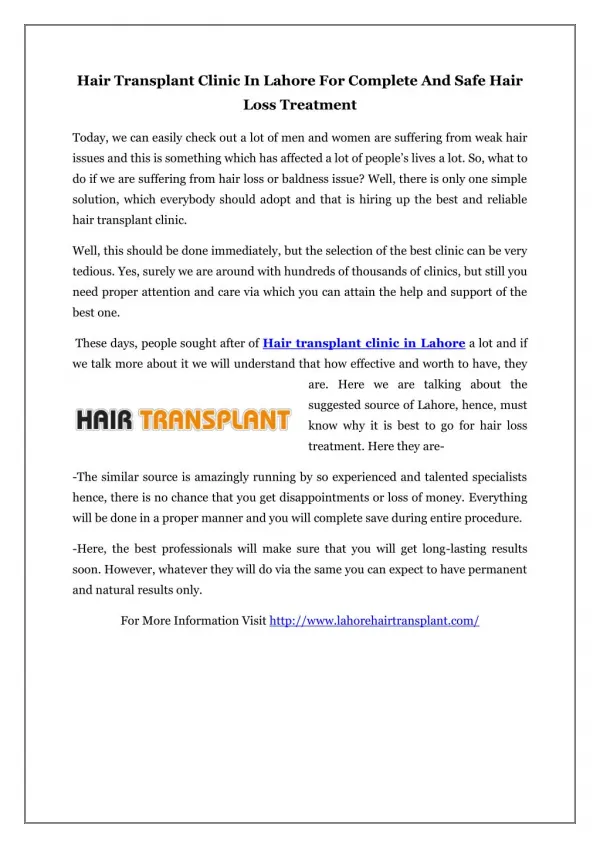 Hair Transplant Clinic In Lahore For Complete And Safe Hair Loss Treatment