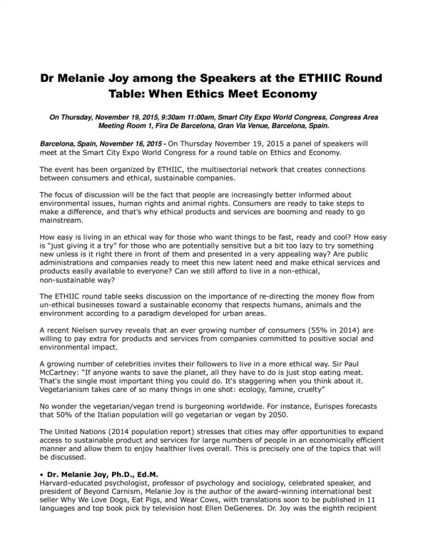 Dr Melanie Joy among the Speakers at the ETHIIC Round Table: When Ethics Meet Economy