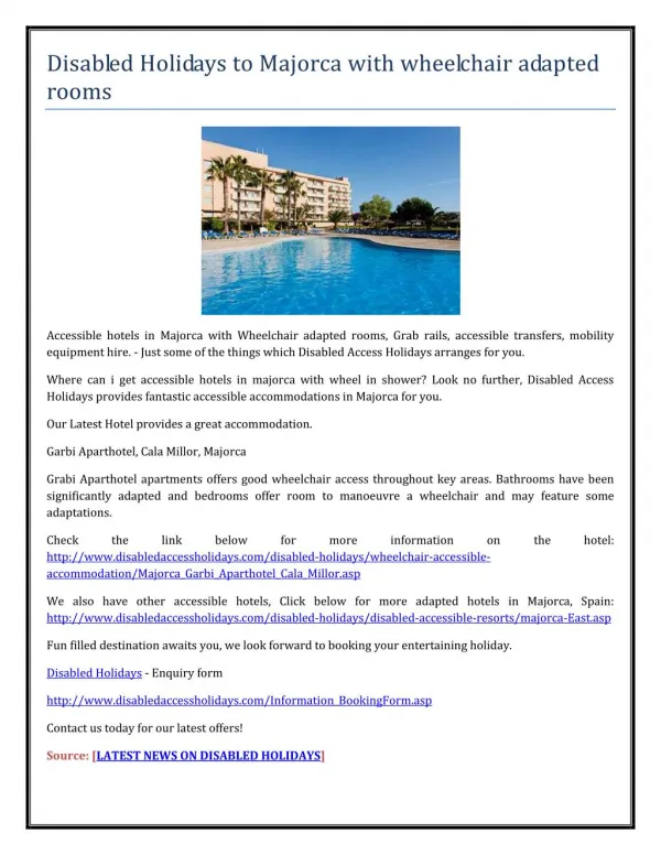 Disabled Holidays to Majorca with wheelchair adapted rooms