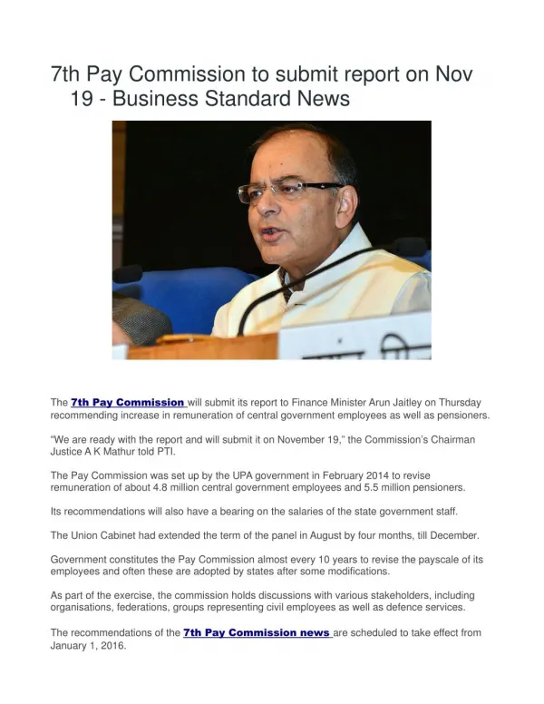 7th Pay Commission to submit report on Nov 19 - Business standard News