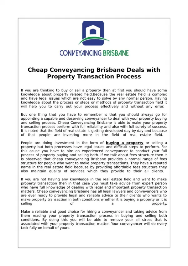 Cheap Conveyancing Brisbane Deals with Property Transaction Process
