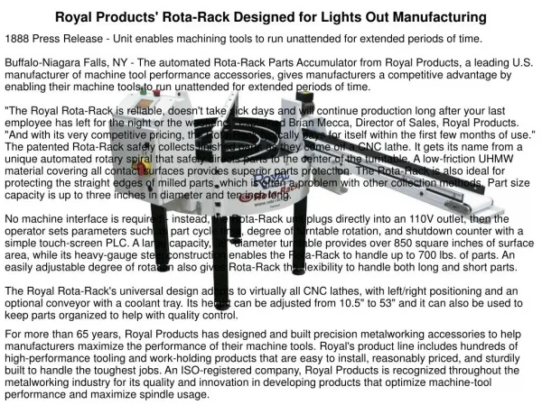 Royal Products' Rota-Rack Designed for Lights Out Manufacturing
