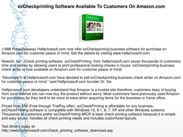 ezCheckprinting Software Available To Customers On Amazon.com