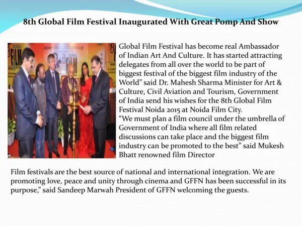 8th Global Film Festival Inaugurated With Great Pomp And Show