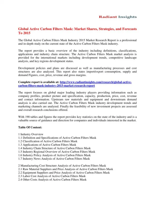 Active Carbon Filters Mask Market Opportunities, Trends and Challenges 2015