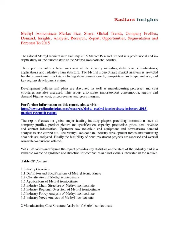 Global Methyl isonicotinate Market Size, Share, Trends Analysis And Forecasts Report 2015 published