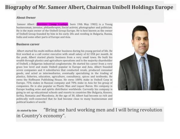 Biography of Sameer Albert,Chairman Unibell Holdings Europe