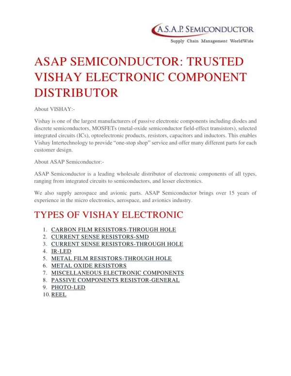 ASAP SEMICONDUCTOR: TRUSTED VISHAY ELECTRONIC COMPONENT DISTRIBUTOR
