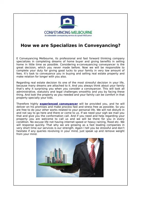 How we are Specializes in Conveyancing?