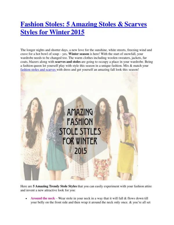 Fashion Stoles: 5 Amazing Stoles & Scarves Styles for Winter 2015