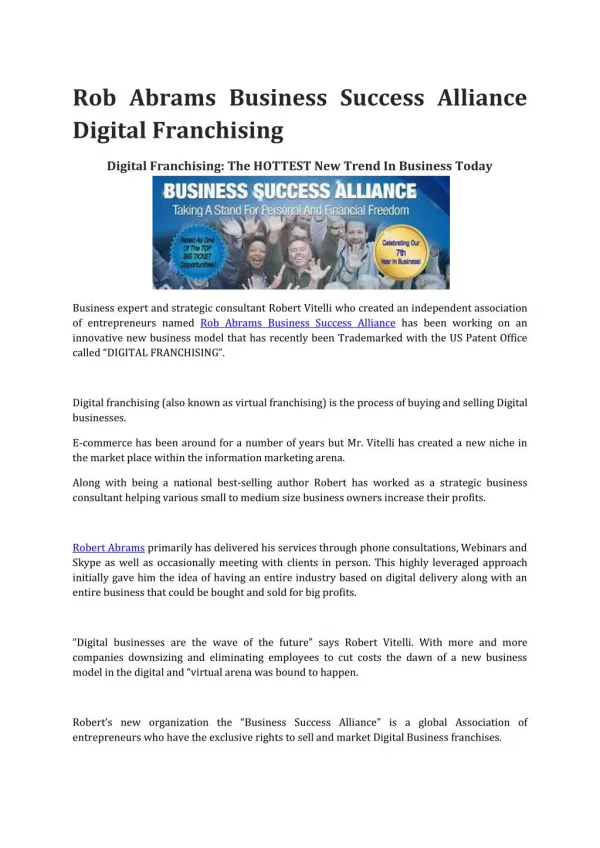 Rob Abrams Business Success Alliance Digital Franchising