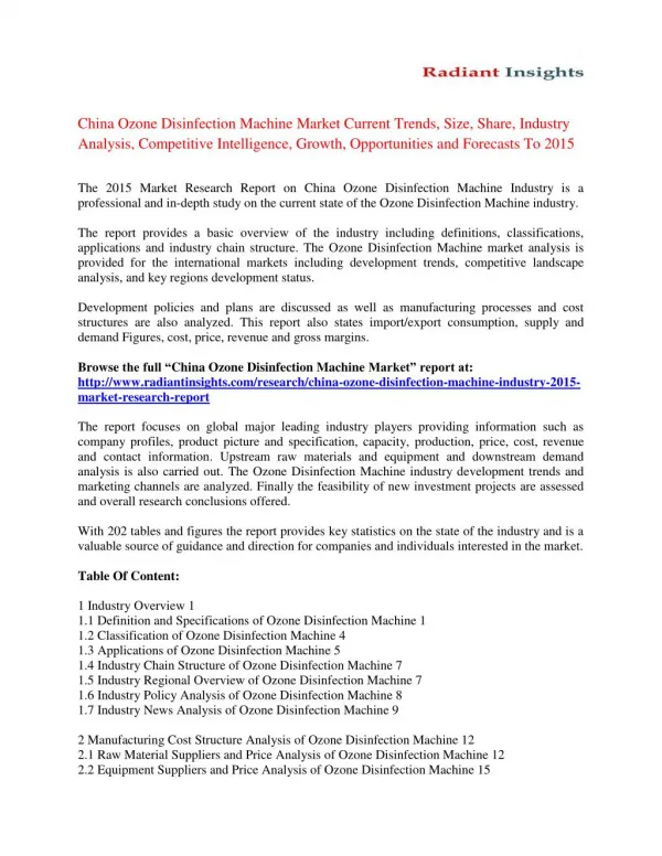 China Ozone Disinfection Machine Market Size, Share, Analysis And Forecasts To 2015