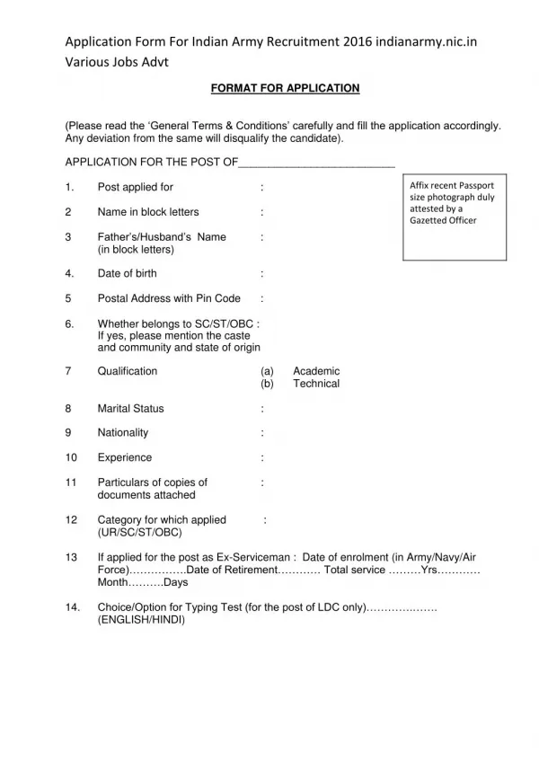 Application Form For Indian Army Recruitment 2016 indianarmy.nic.in Various Jobs Advt