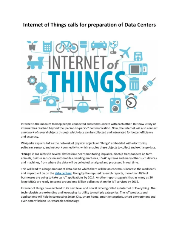 Internet of Things calls for preparation of Data Centers