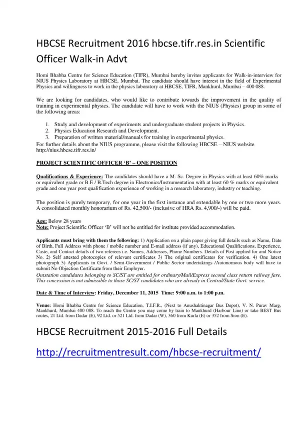 HBCSE Recruitment 2016 Hbcse.tifr.Res.in Scientific Officer Walk-In Advt