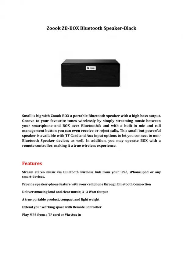 Zoook ZB-BOX Bluetooth Speaker-Black