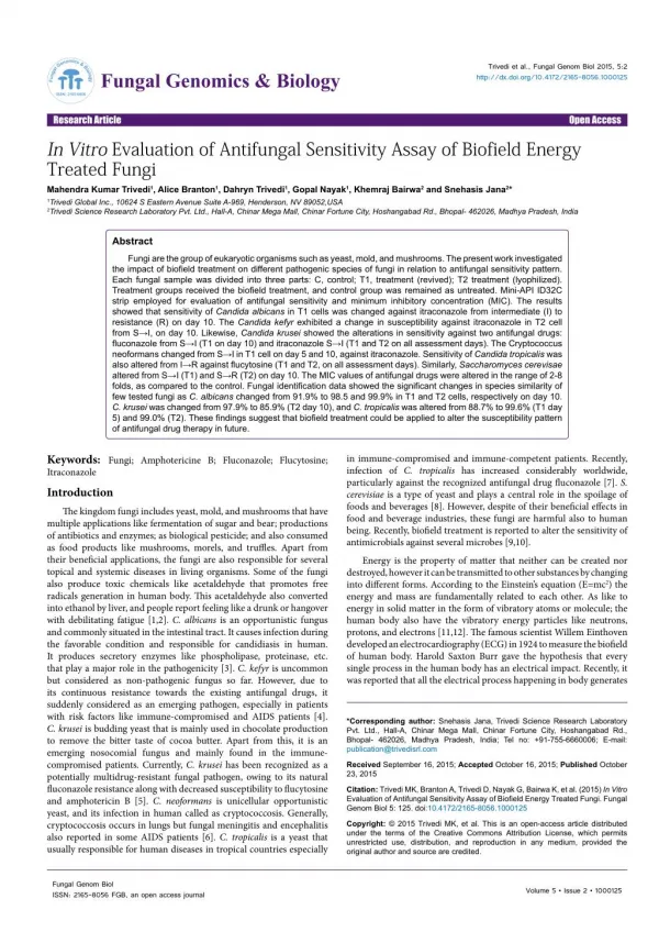 In Vitro Evaluation of Antifungal Sensitivity Assay of Biofield Energy Treated Fungi
