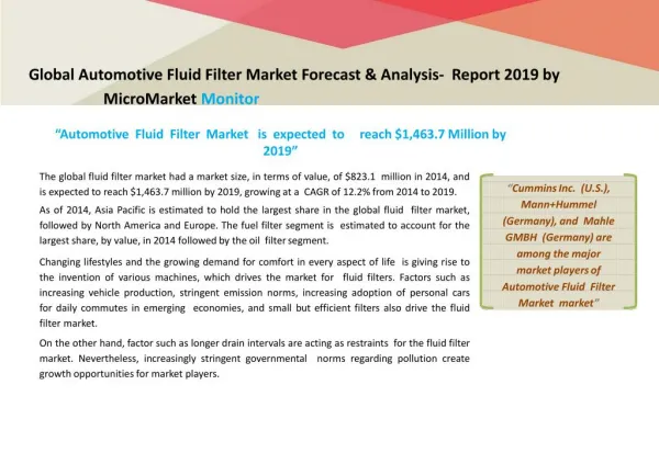 Automotive Fluid Filter Market Research Report 2019