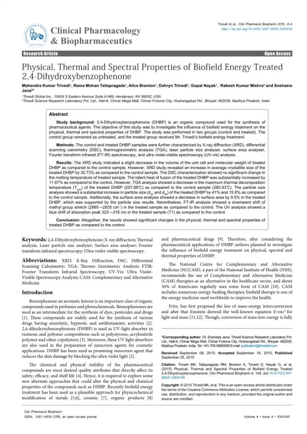 Physical, Thermal and Spectral Properties of Biofield Energy Treated 2,4-Dihydroxybenzophenone
