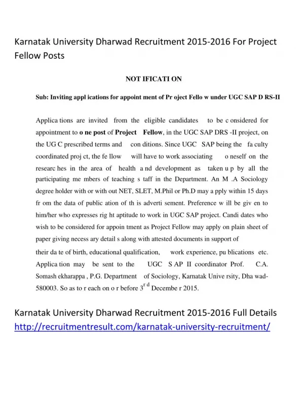 Karnatak University Dharwad Recruitment 2015-2016 for Project Fellow Posts