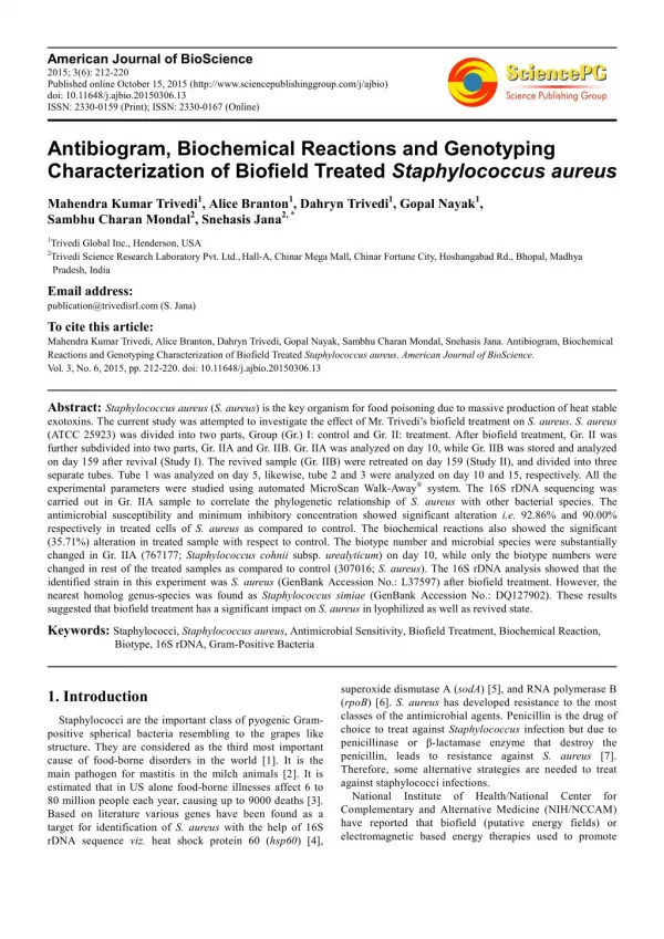 Antibiogram, Biochemical Reactions and Genotyping Characterization of Biofield Treated Staphylococcus aureus