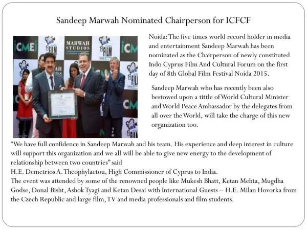 Sandeep Marwah Nominated Chairperson for ICFCF