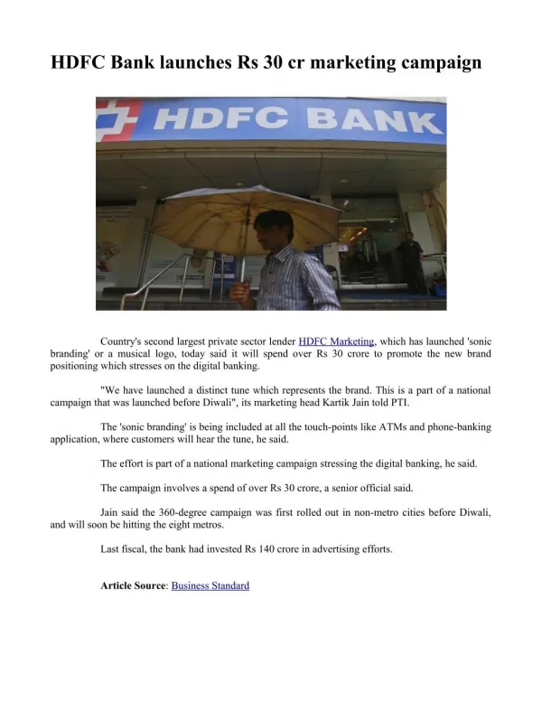 HDFC Bank launches Rs 30 cr marketing campaign