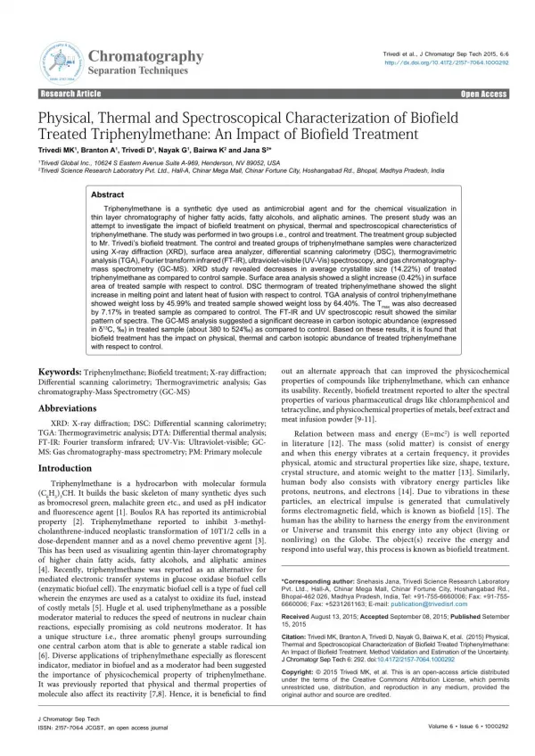 Physical, Thermal and Spectroscopical Characterization of Biofield Treated Triphenylmethane: An Impact of Biofield Treat